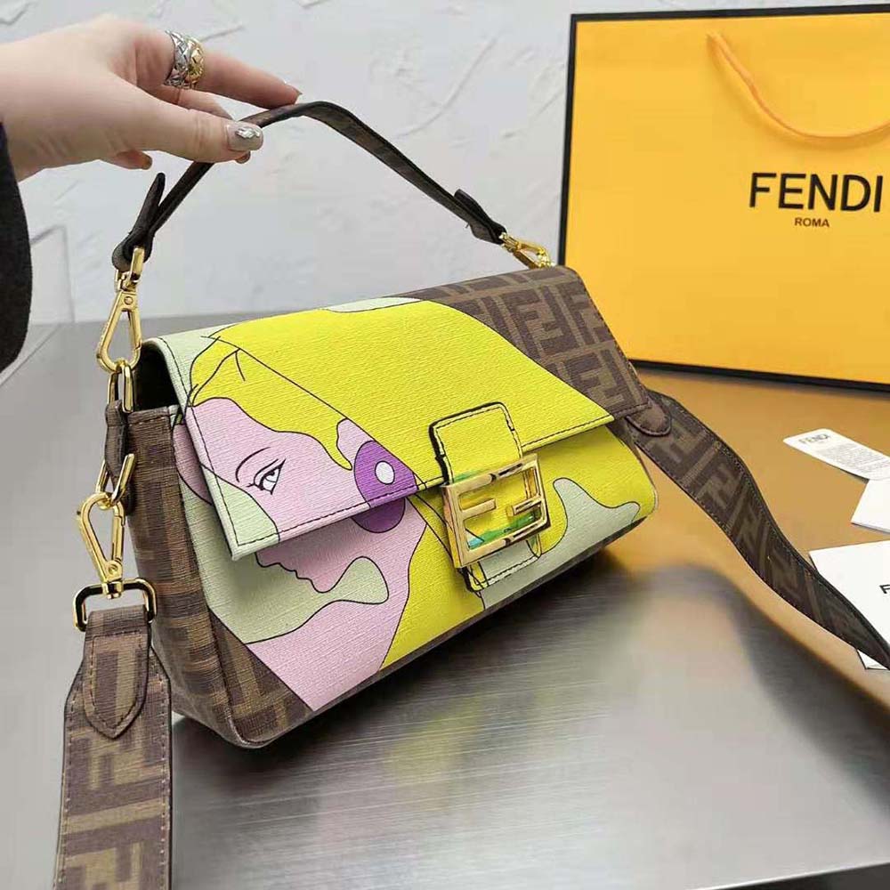 Fendi Women Baguette FF Glazed Fabric Bag with Inlay