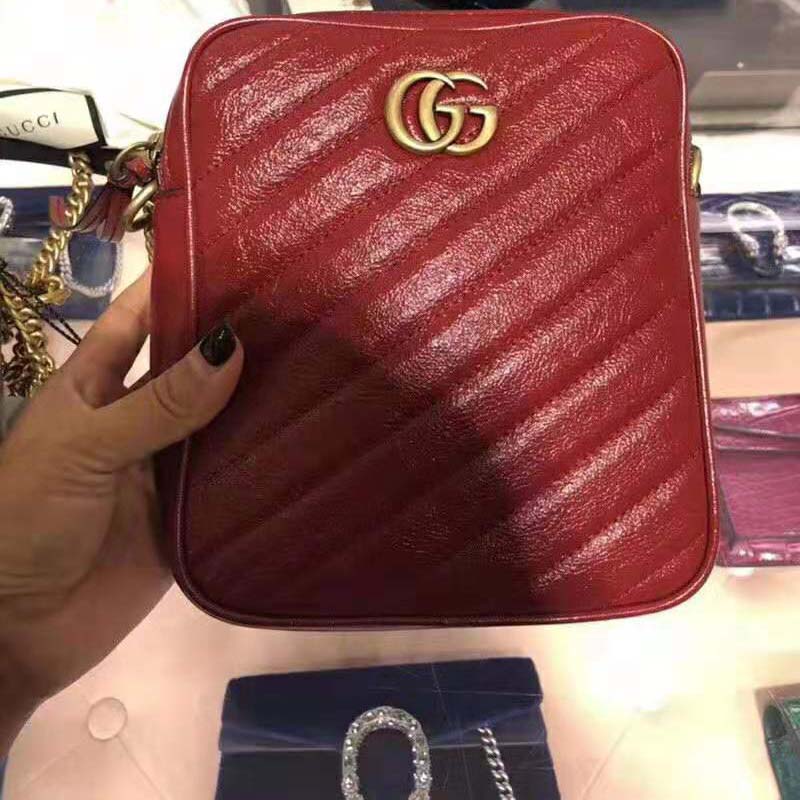 Gucci GG Women GG Marmont Mini Shoulder Bag in Red Matelassé Leather