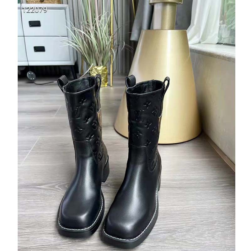 Louis Vuitton Women Downtown Ankle Boot Black Embossed Calf Leather 3 cm Heel