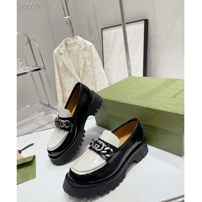 Gucci Women GG Interlocking G Chain Loafer Black White Leather Lug Rubber Sole Flat
