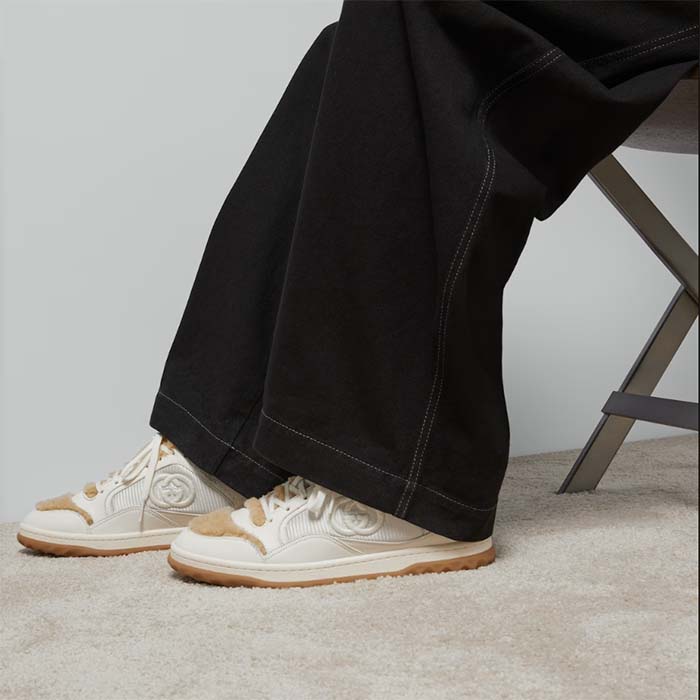 Gucci GG Unisex MAC80 Sneaker Off White Leather Merino Wool Round Toe Rubber Flat