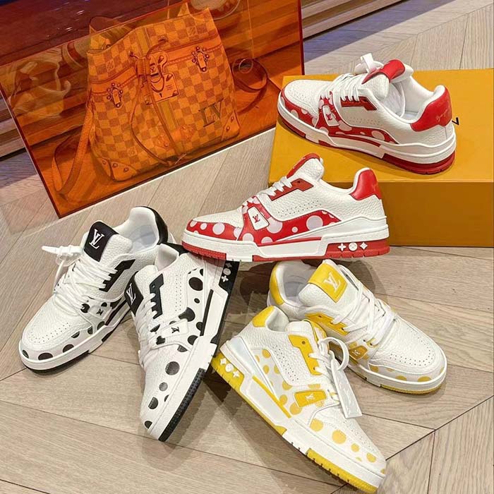 Louis Vuitton Unisex LV Trainer Sneaker Red Calf Leather Rubber Outsole Monogram Flowers