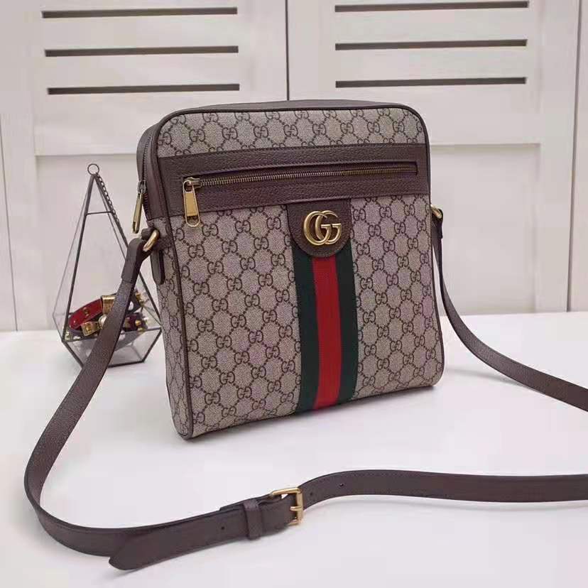 Gucci GG Men Ophidia GG Small Messenger Bag in Beige/Ebony Soft GG Supreme Canvas