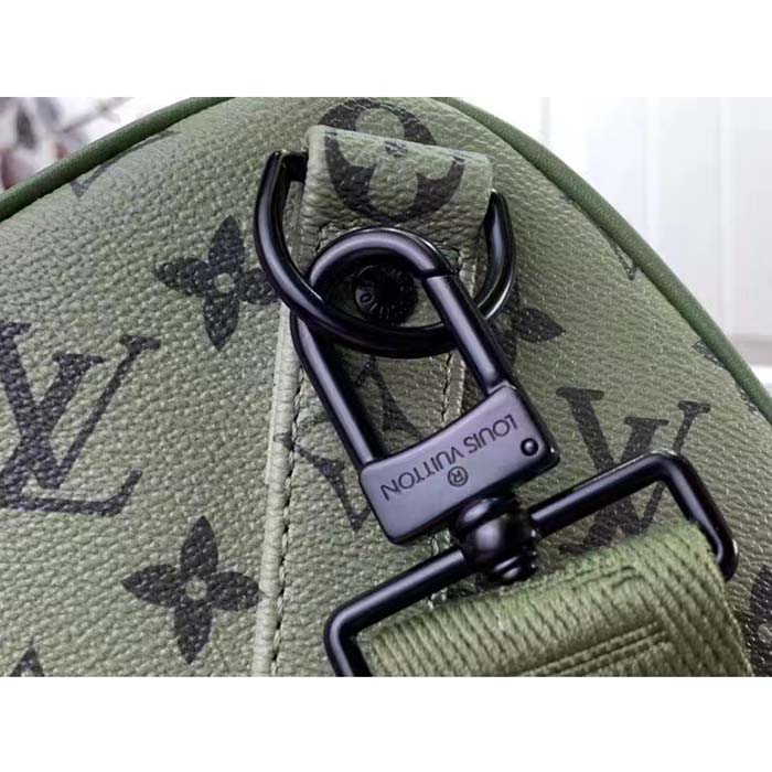Louis Vuitton LV Unisex Keepall Bandoulière 45 Khaki Green Vermillion Red Monogram Coated Canvas