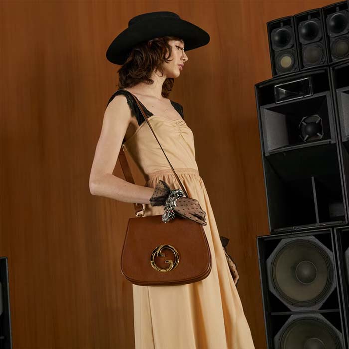 Gucci Women GG Blondie Medium Bag Brown Leather Round Interlocking G