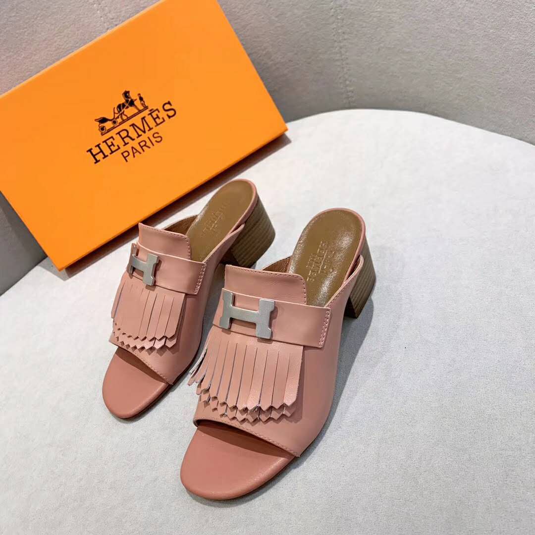 Hermes Women Alma Sandal Goatskin with Fringe Detail-Pink