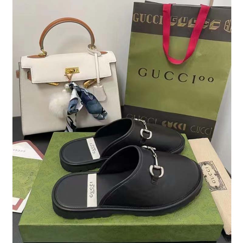 Gucci Unisex Horsebit Slip-On Sandal Black Leather Rubber Sole Flat