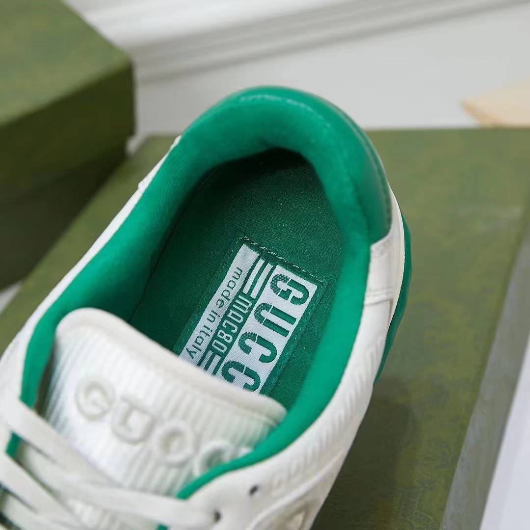 Gucci Unisex GG MAC80 Sneaker Off White Green Leather Round Toe Rubber Flat
