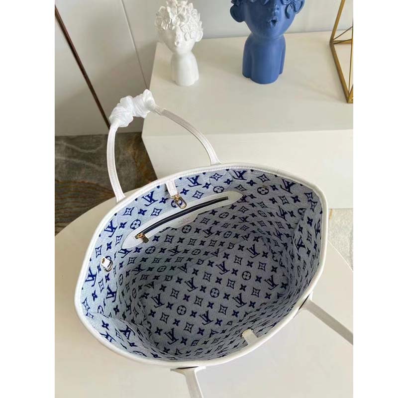 Louis Vuitton Women Neverfull MM Tote Blue Monogram Jacquard Velvet Cowhide Leather