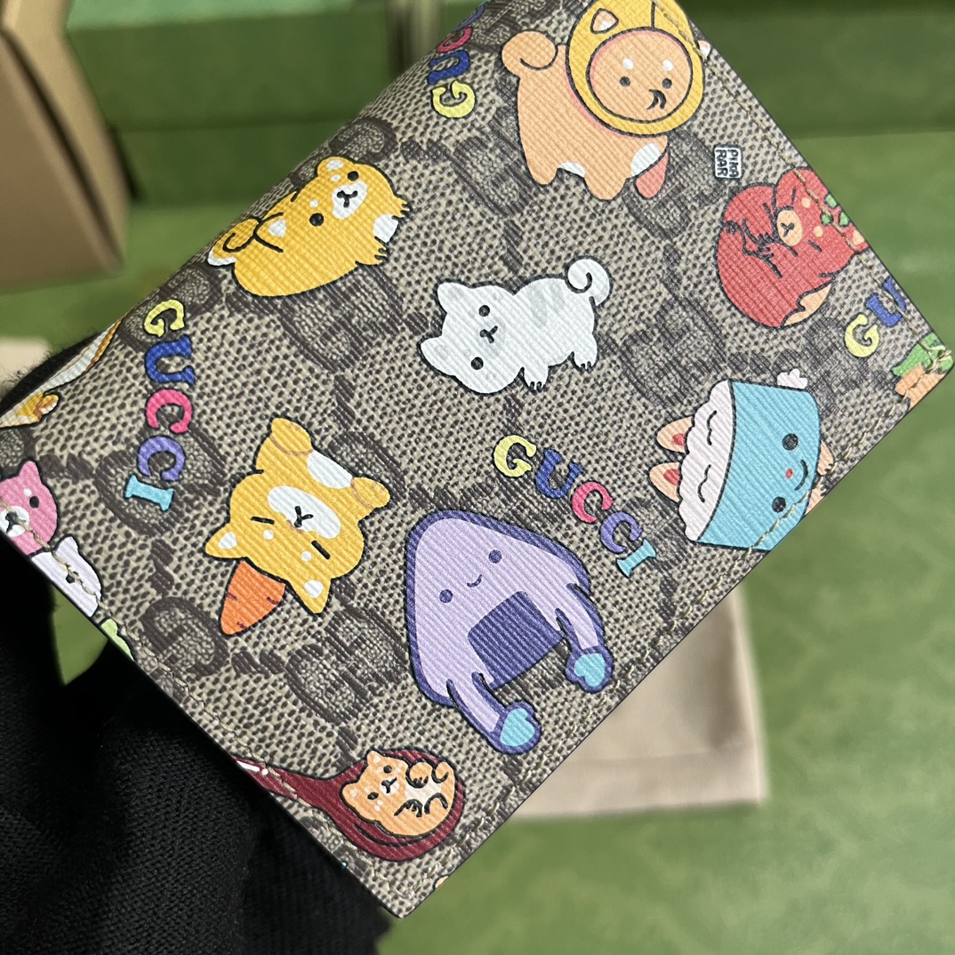 Gucci Unisex GG Animals Print Card Case Wallet Beige Ebony GG Supreme Canvas