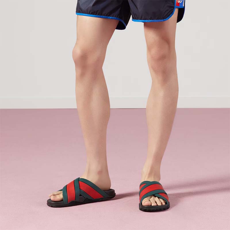 Gucci Unisex Web Slide Sandal Green Red Rubber Web Rubber Sole Low Heel