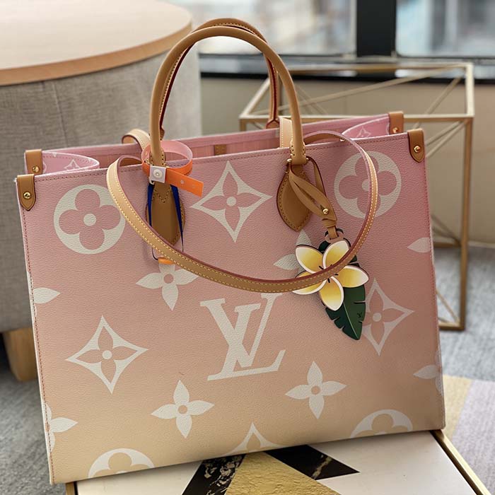 Louis Vuitton LV Women OnTheGo GM Tote Bag Pink Monogram Giant Coated Canvas Raffia