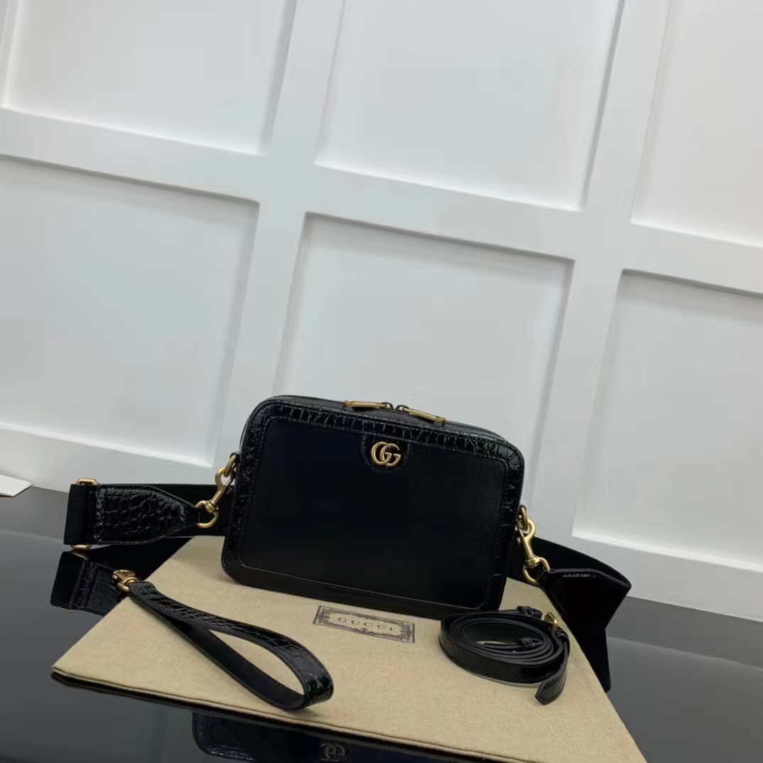 Gucci Unisex GG Python Shoulder Bag Double G Black Leather Crocodile