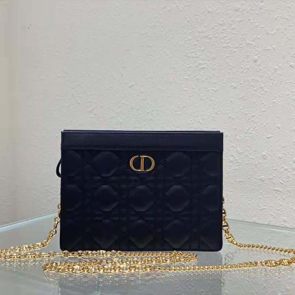 Dior Women Caro Zipped Pouch with Chain Black Supple Cannage Calfskin