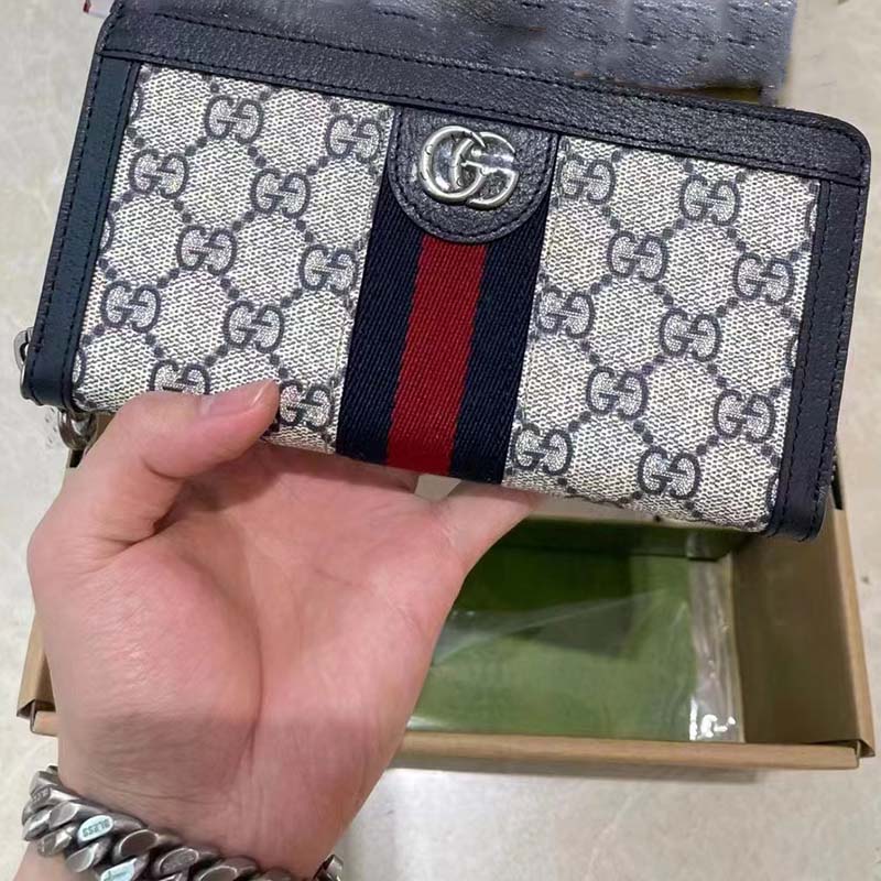 Gucci Unisex GG Ophidia GG Zip Around Wallet Beige Blue GG Supreme Canvas