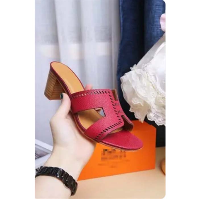 Hermes Women Oasis Sandal Red Calfskin Iconic “H” 5.6cm Heel