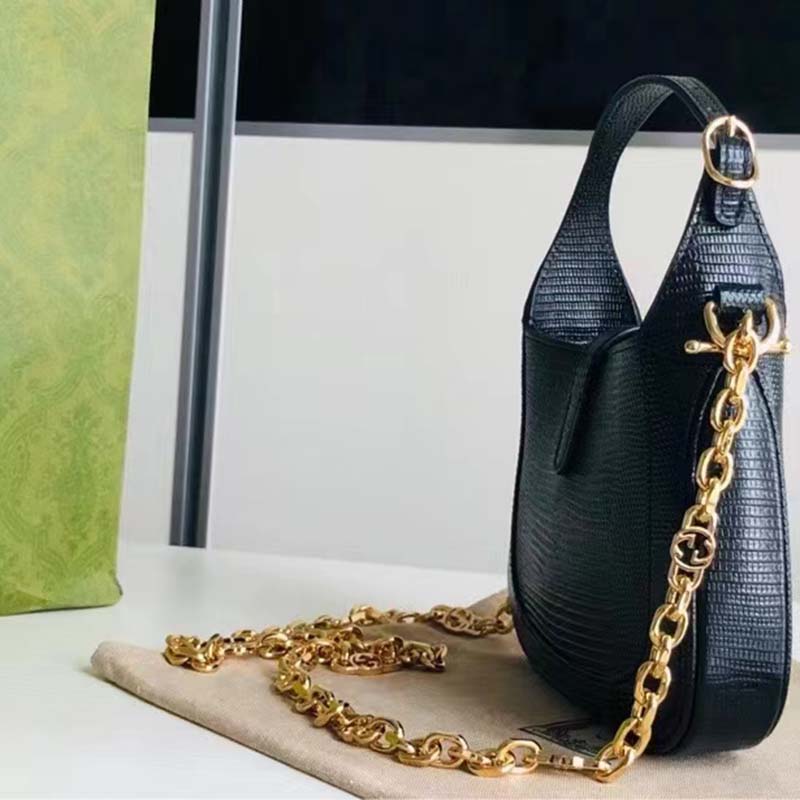 Gucci Women GG Jackie 1961 Lizard Mini Bag Black Lizard Gold-Toned Hardware