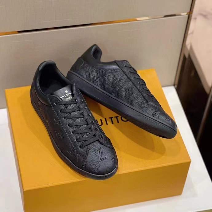 Louis Vuitton LV Unisex Luxembourg Sneaker Monogram Embossed Grained Calf Leather Black Rubber