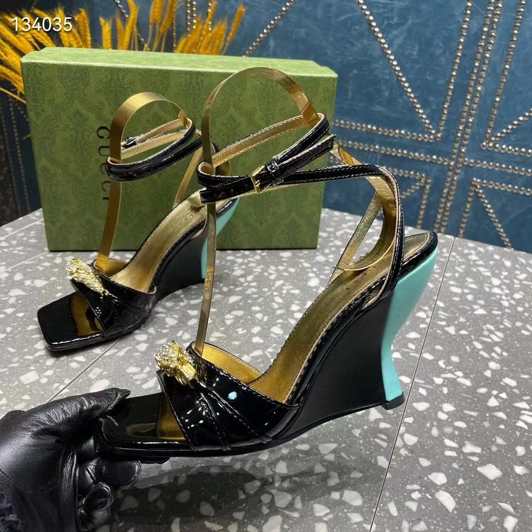 Gucci Women GG High-Heel Sandal Hardware Black Patent Leather Square Toe Geometric-Shaped Heel