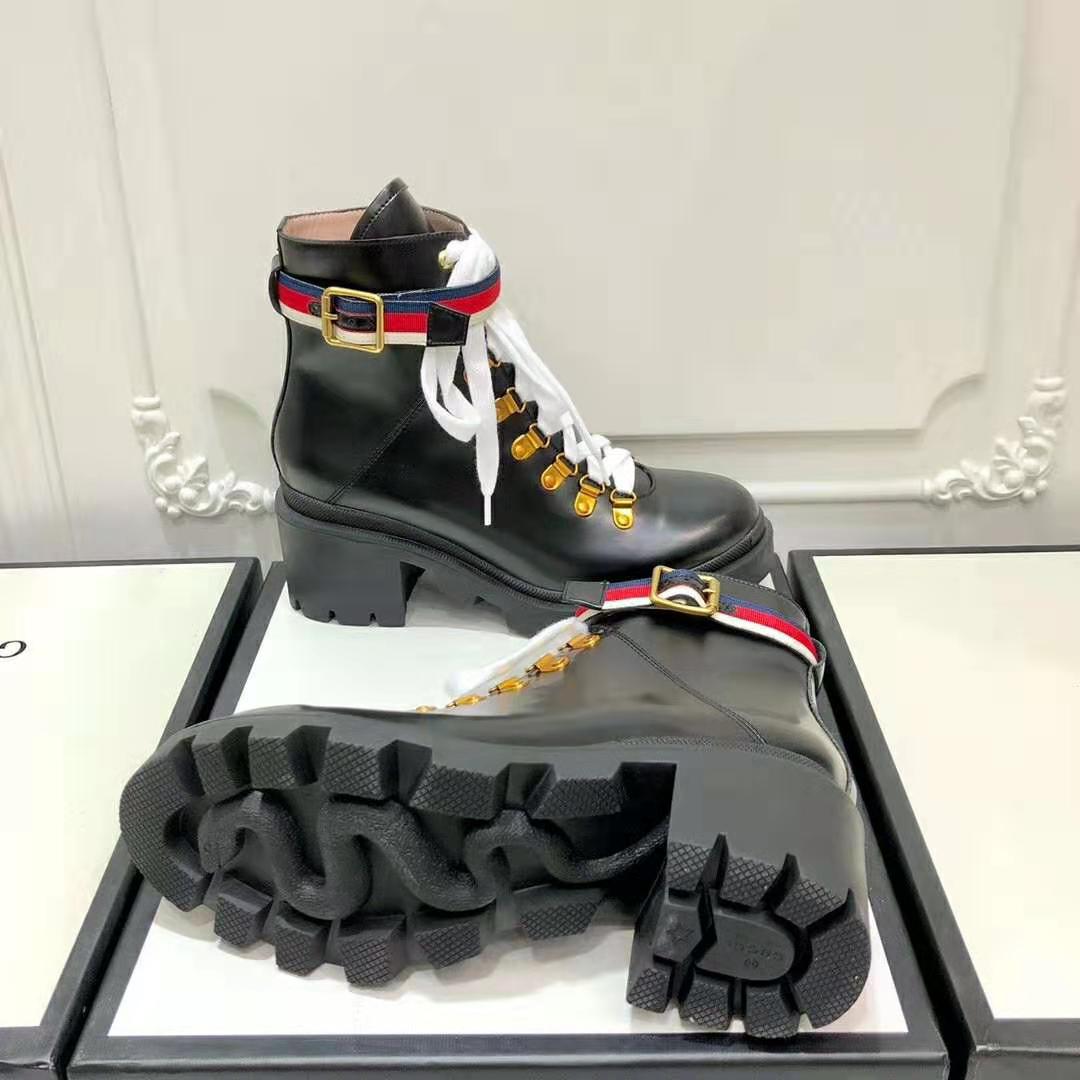 Gucci Women Gucci Leather Ankle Boot with Sylvie Web in Black Leather 2.5 cm Heel