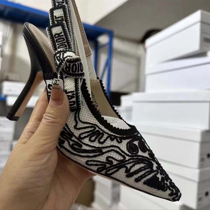Dior Women CD J’Adior Slingback Pump Black White Ornamental Cotton Cornely Embroidery