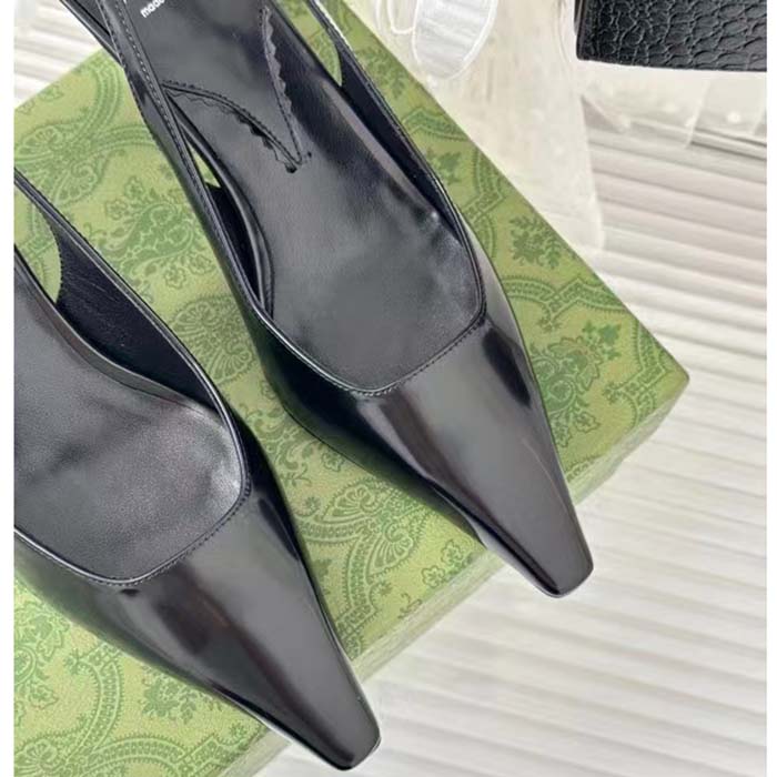 Gucci Women GG Slingback Pump Black Leather Interlocking G Square Upper Mid-Heel