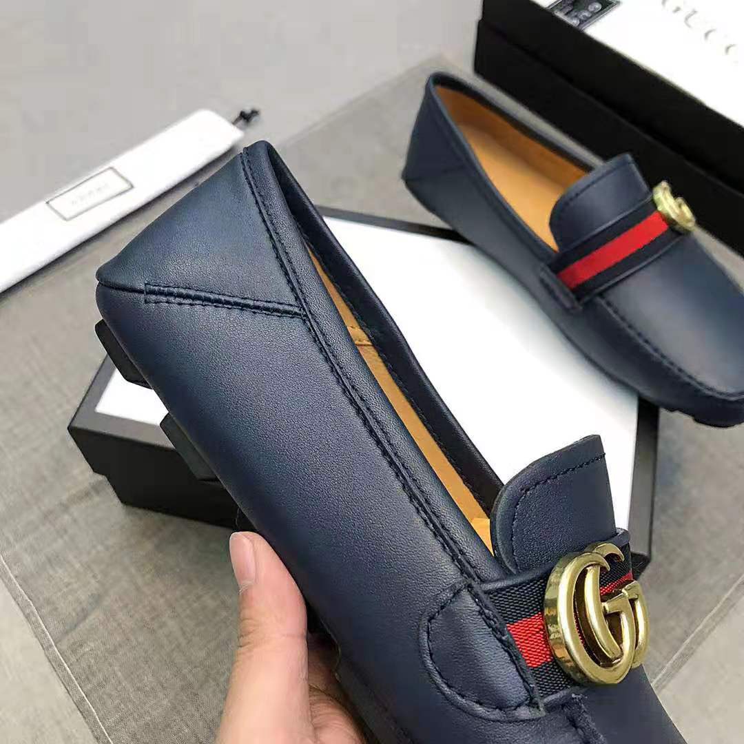 Gucci Men Leather Driver with Web-Navy
