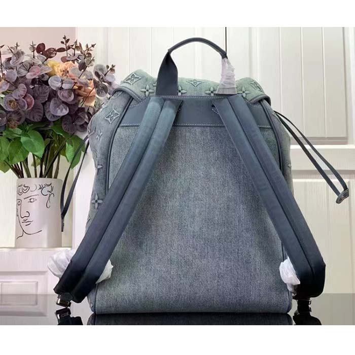 Louis Vuitton LV Unisex Montsouris Backpack Monogram Washed Denim Coated Canvas Cowhide Leather