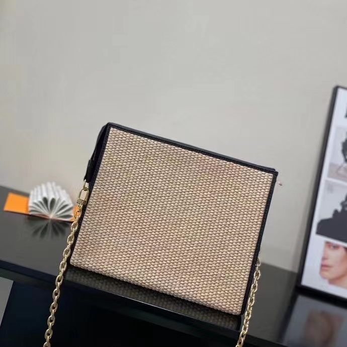 Louis Vuitton Women Toiletry Pouch On Chain Natural Black Raffia Cowhide Leather