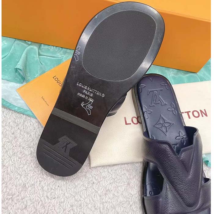 Louis Vuitton LV Unisex Oasis Mule Navy Blue Grained Calf Leather Rubber Outsole