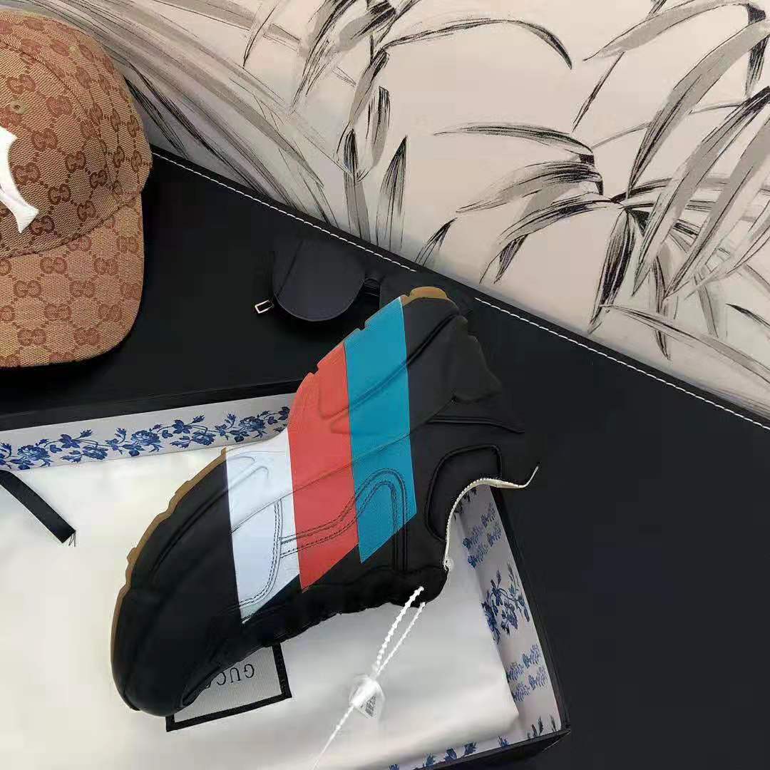 Gucci Men Rhyton Web Print Leather Sneaker in 5.1 cm Height-Black