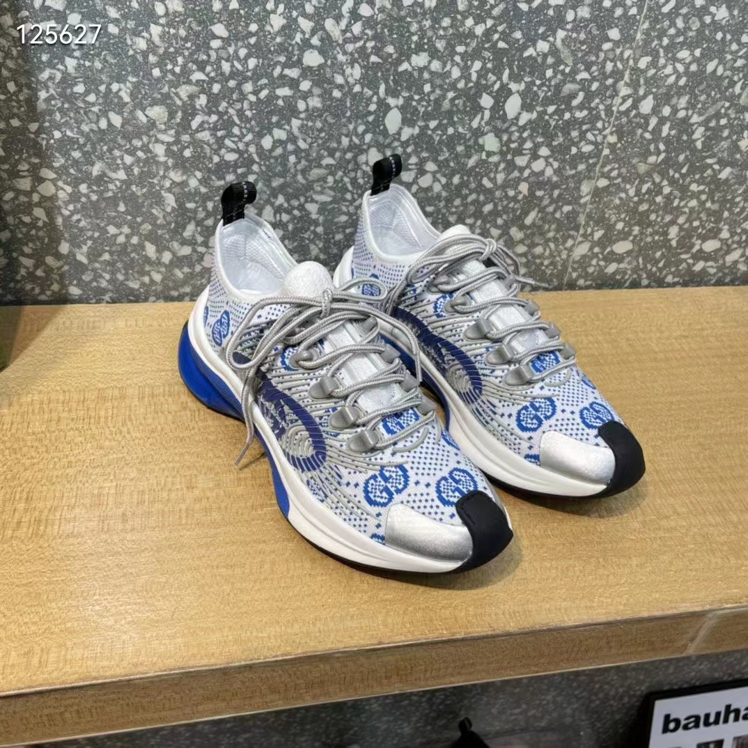 Gucci Unisex Run Sneaker White Blue GG Technical Knit Fabric Interlocking G Rubber