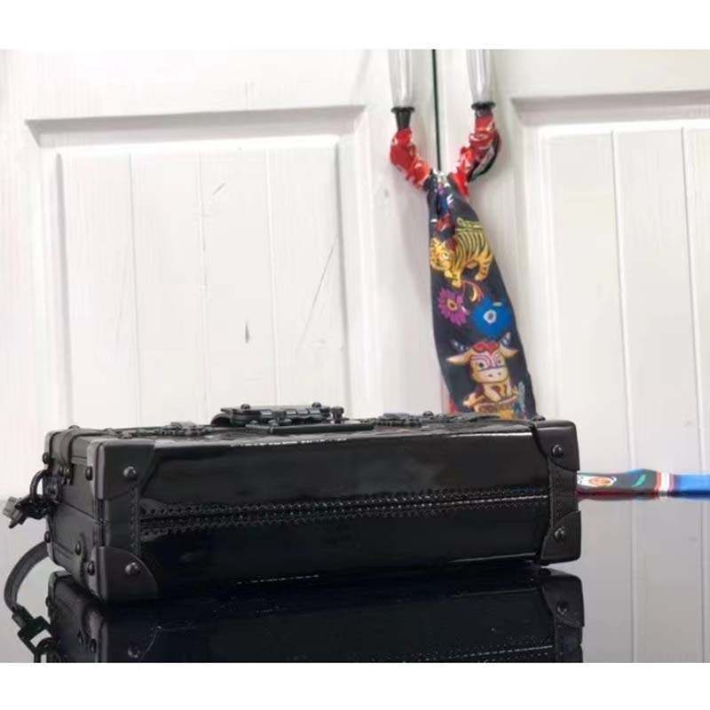 Louis Vuitton LV Women Petite Malle Handbag Black Patent Calfskin Cowhide Leather