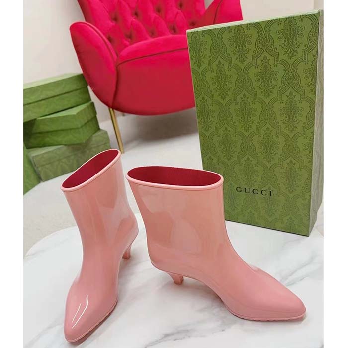 Gucci Women Interlocking G Ankle Boot Pink Shiny Rubber Matte Point Toe Low-Heel