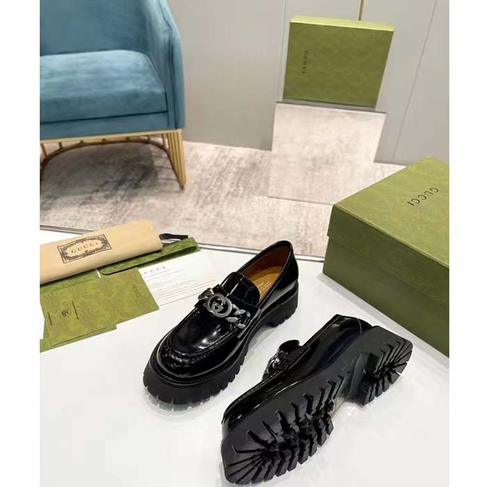 Gucci Unisex GG Loafer Interlocking G Black Leather Rubber Lug Mid 4.3 CM Heel