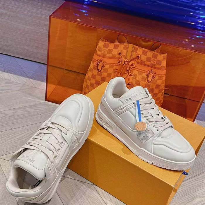 Louis Vuitton Unisex LV Trainer Sneaker Beige Calf Leather Rubber Outsole Monogram Flower