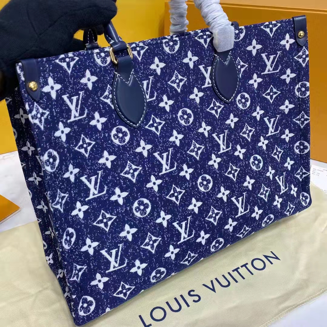Louis Vuitton LV Unisex Onthego MM Tote Navy Blue Denim Jacquard Textile Calf