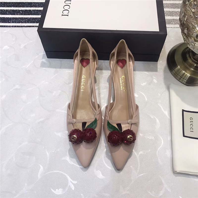 Gucci Women Leather Cherry Pump Shoes-Pink