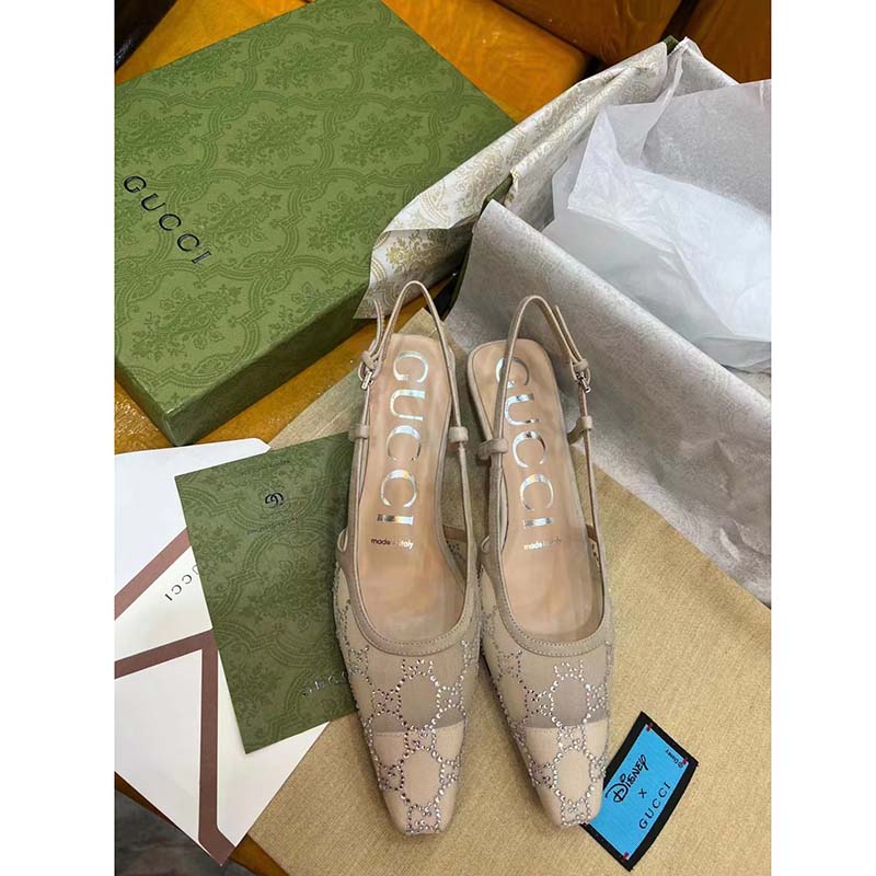 Gucci Women GG Slingback Pump Rose Beige Mesh Crystals Kitten 4 Cm Heel