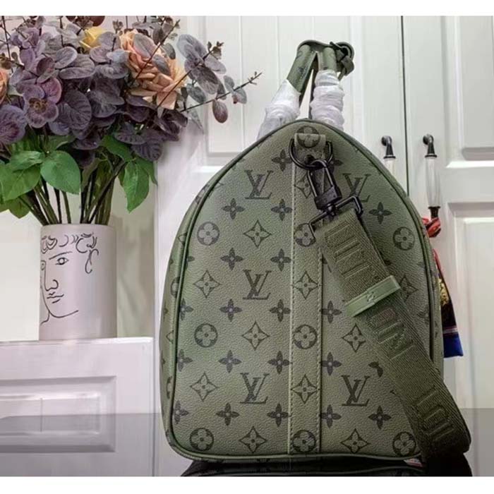 Louis Vuitton LV Unisex Keepall Bandoulière 45 Khaki Green Vermillion Red Monogram Coated Canvas