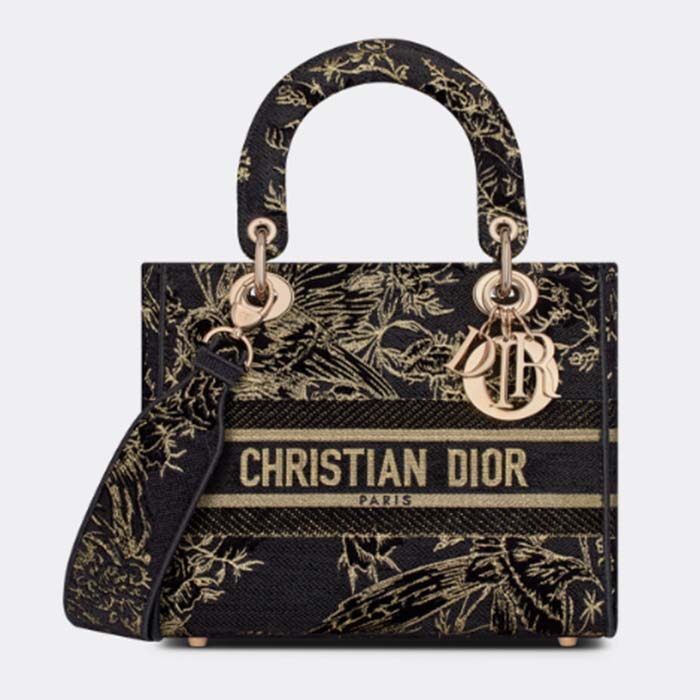 Dior Women CD Medium Lady D-Lite Bag Black Multicolor Jardin D’Hiver Embroidered Cotton