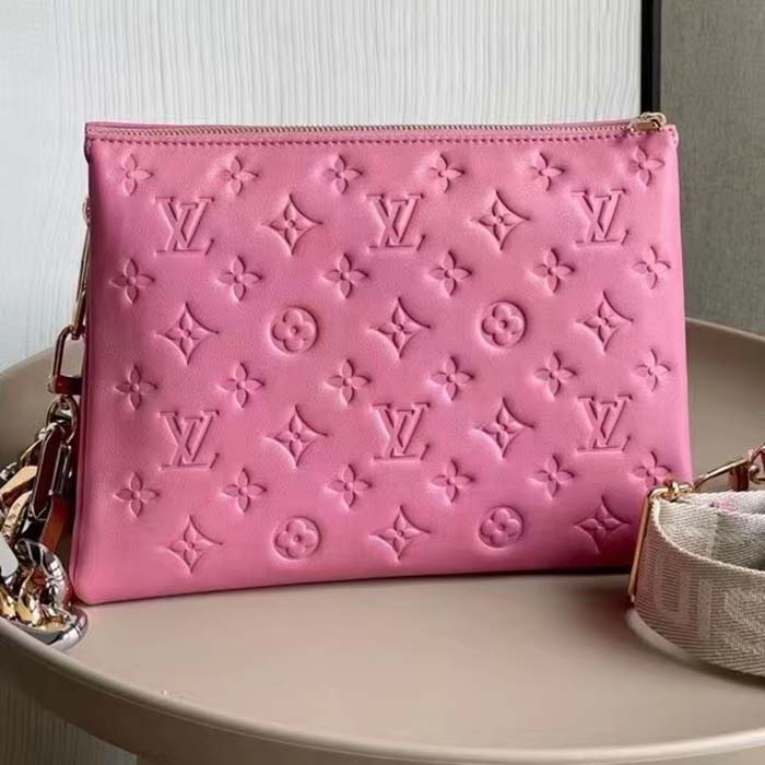 Louis Vuitton LV Women Coussin PM Handbag Rose Bonbon Pink Lambskin Cowhide Leather