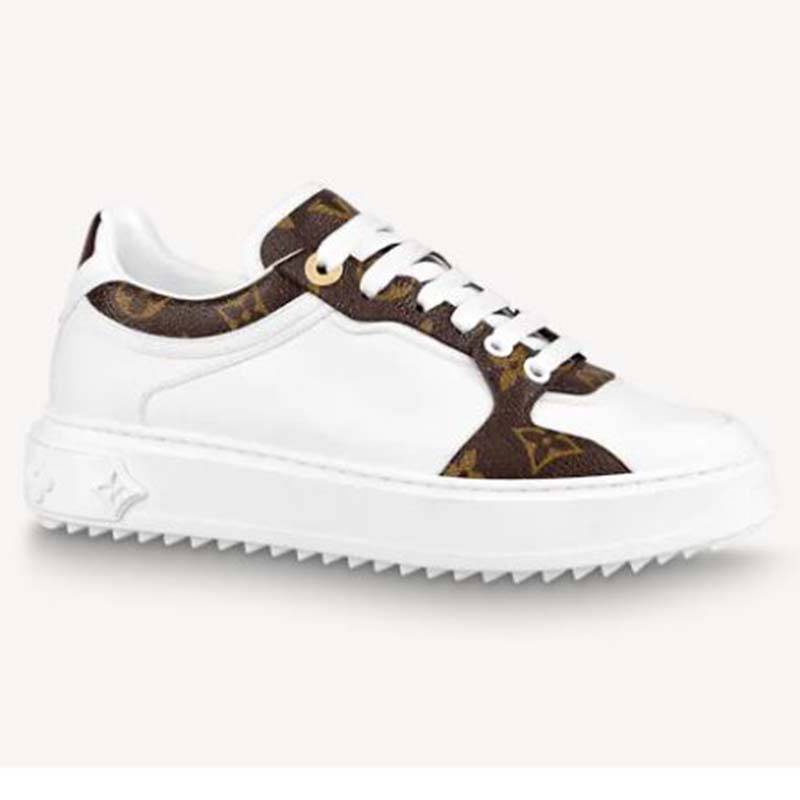 Louis Vuitton LV Unisex Time Out Sneaker Cacao Brown Calf Leather Patent Monogram Canvas
