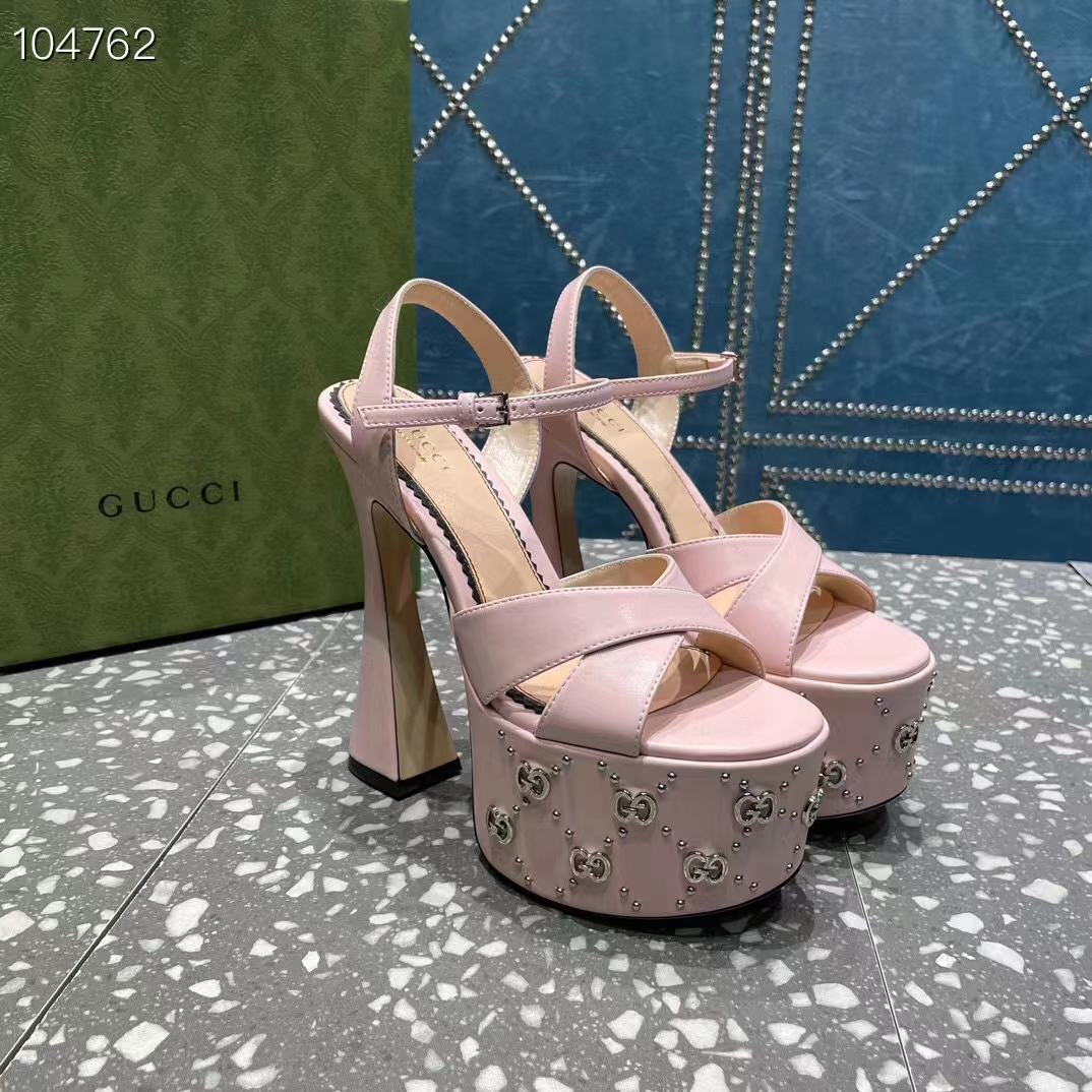 Gucci Women GG Interlocking G Studs Sandal Pink Leather Spool High 15 Cm Heel