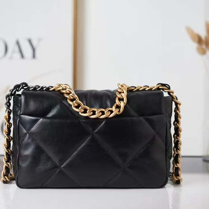 Chanel Women 19 Handbag Lambskin Gold Silver-Tone Ruthenium-Finish Metal Black