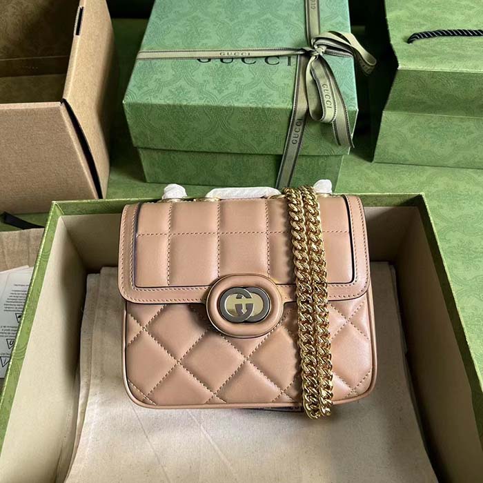 Gucci Women GG Deco Mini Shoulder Bag Rose Beige Quilted Leather Interlocking G