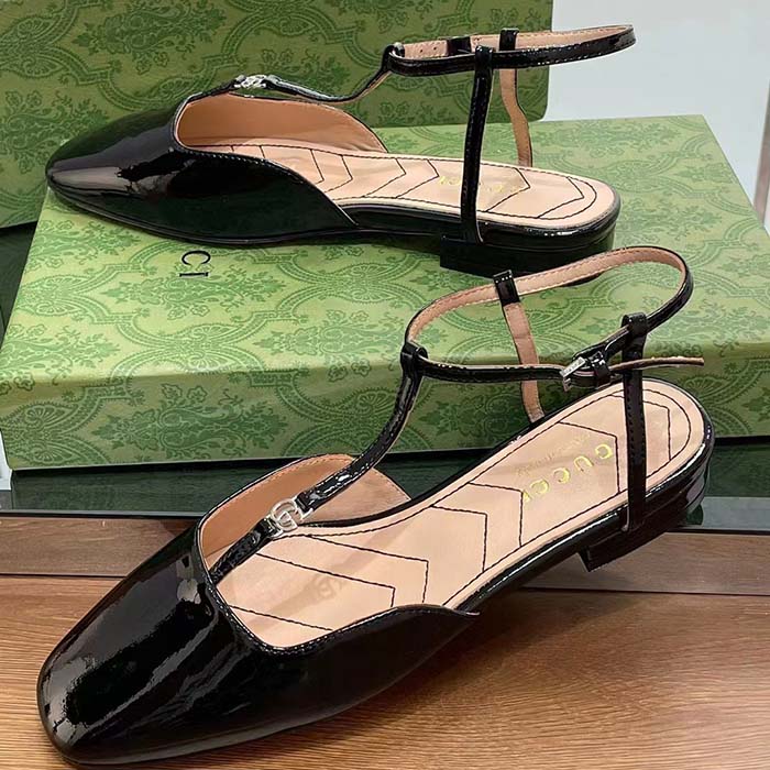 Gucci Women GG Double G Ballet Flat Black Patent Leather Square Toe