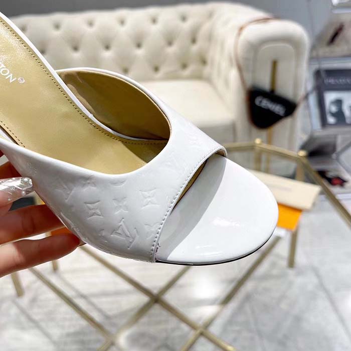 Louis Vuitton LV Women Super Mule White Monogram-Debossed Patent Calf Leather 10 CM Heel