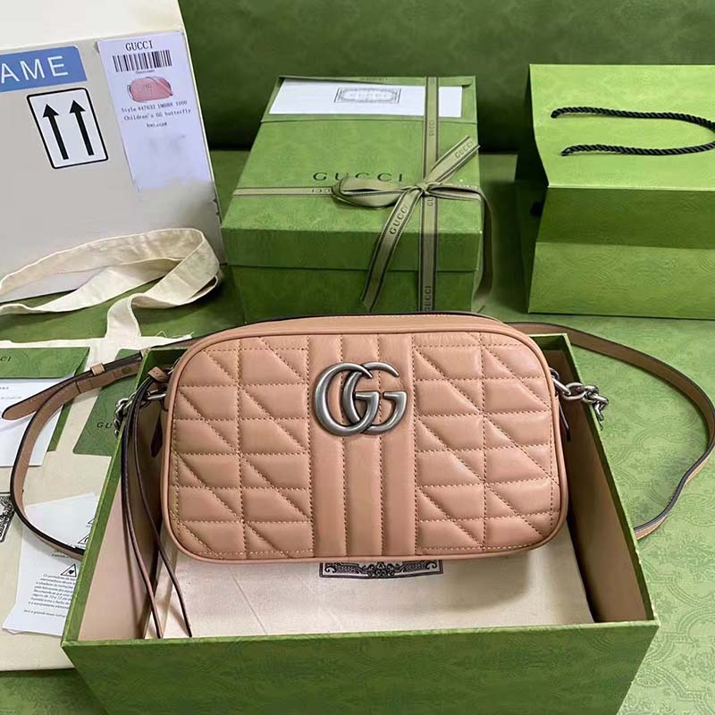 Gucci Women GG Marmont Small Shoulder Bag Brown Matelassé Leather