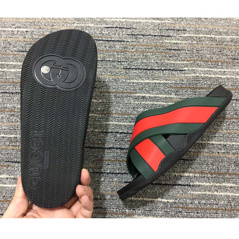 Gucci Unisex Web Slide Sandal Green Red Rubber Web Rubber Sole Low Heel